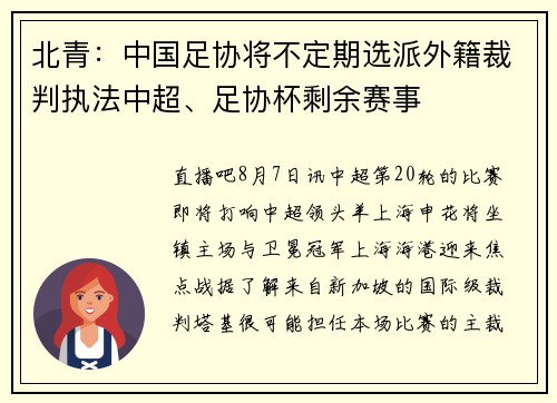 北青：中国足协将不定期选派外籍裁判执法中超、足协杯剩余赛事