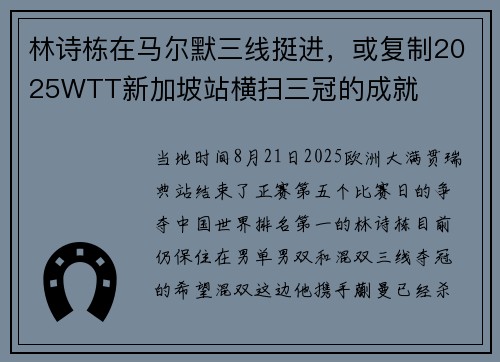 林诗栋在马尔默三线挺进，或复制2025WTT新加坡站横扫三冠的成就